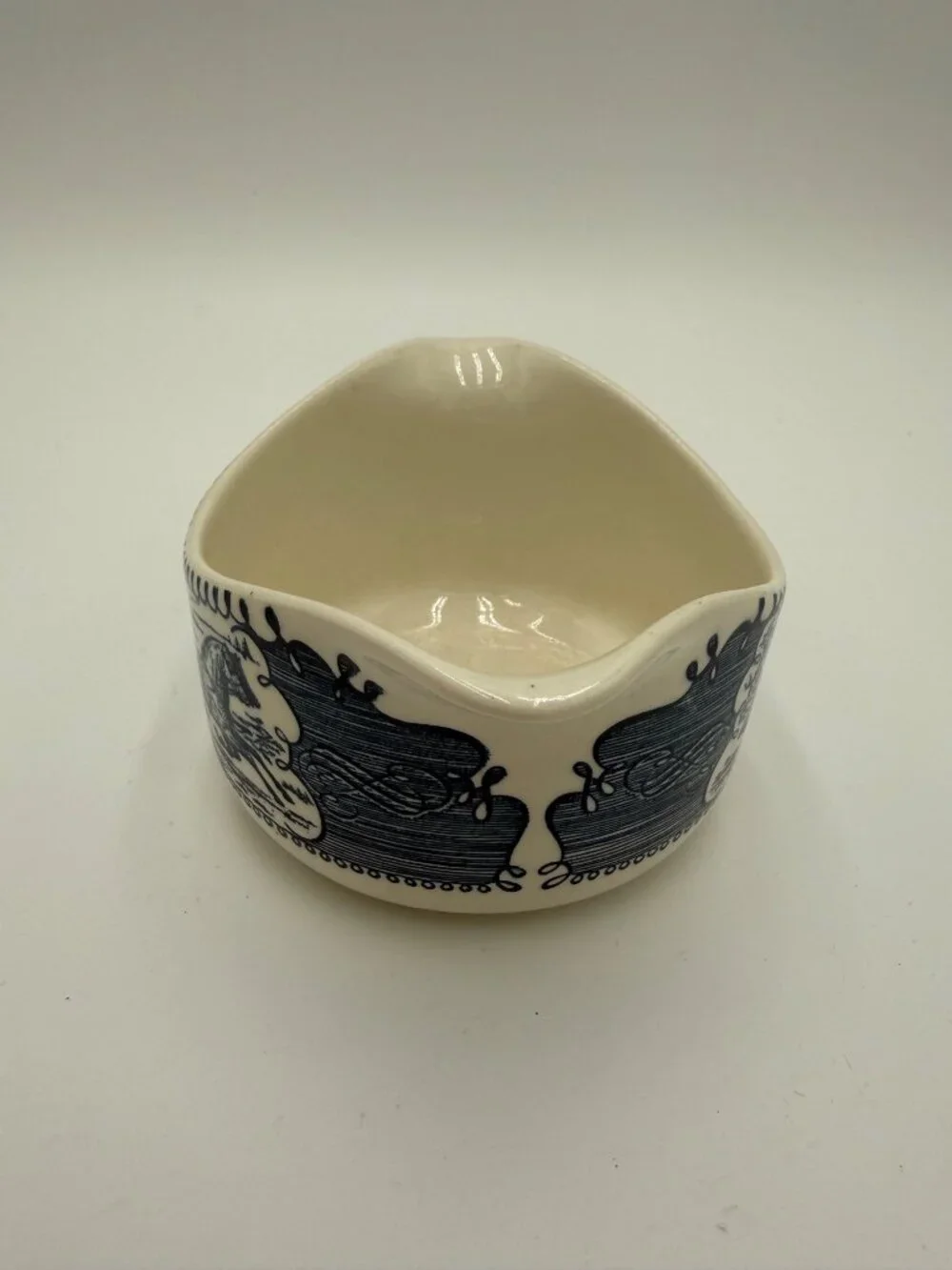 Currier Ives Blue White Ceramic Gravy Boat Coaching Scenic Design Made USa